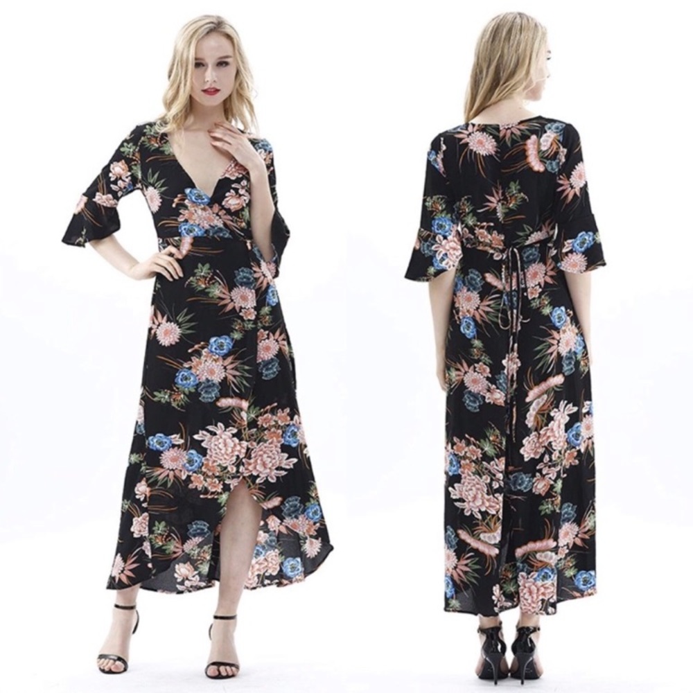 💥 CLEARANCE Ruffled 3/4 Sleeve High Low Bold Floral Wrap Dress - Picture 2 of 4